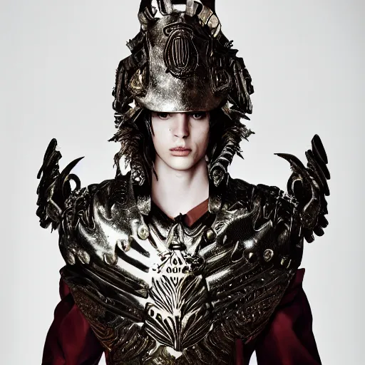 Prompt: a portrait of a beautiful young pagan male wearing an alexander mcqueen armor , photographed by andrew thomas huang, artistic