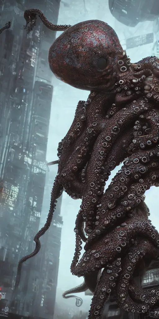 Image similar to hyperrealism, detailed textures, photorealistic 3 d cyberpunk octopus in apocalyptic city, futuristic clothing and helmet, ultra realistic, cinematic, intricate, cinematic light, unreal engine 8 k