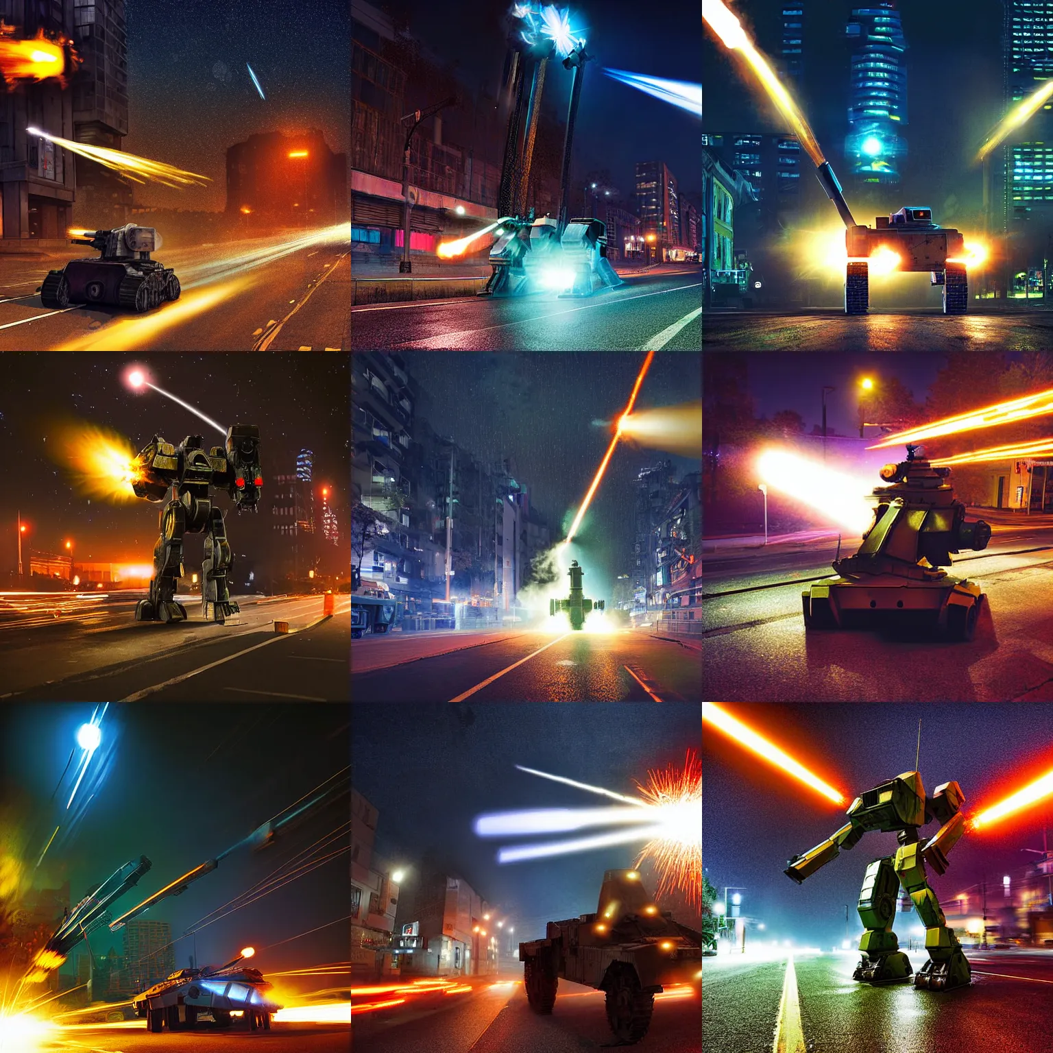 Prompt: mechwarrior firing an auto cannon on a city street, nighttime, street lights, broken road, digital photograph, 3 2 megapixel