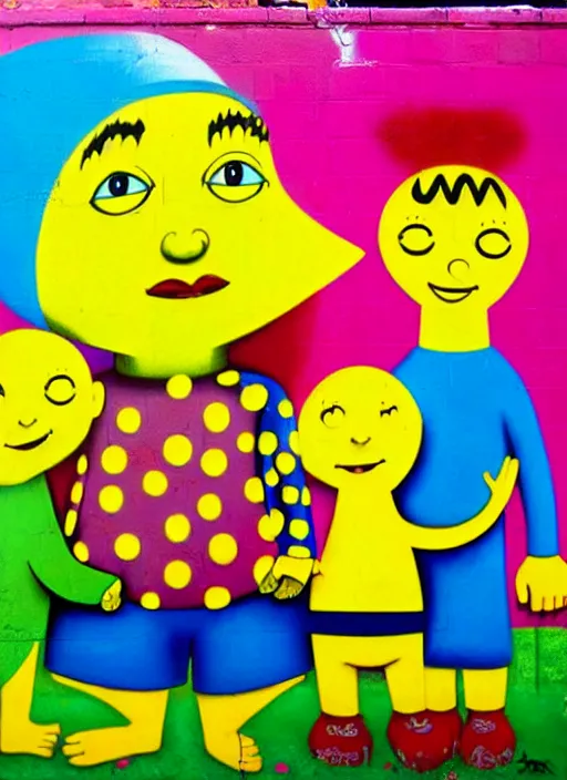 Image similar to graffiti, splash painting, happy family, by os gemeos