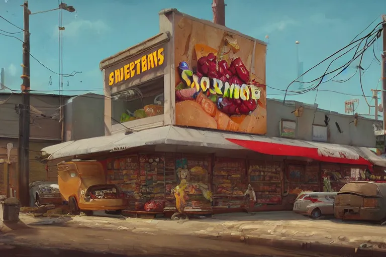Prompt: a painting of a store with a lot of food, a photorealistic painting by Simon Stålenhag, featured on cgsociety, photorealism, 2d game art, hyper-realistic, hyper realism
