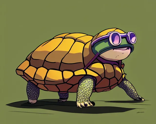 Prompt: cell shaded cartoon of an adorable turtle with a bulldog's head wearing goggles from moving castle ( 2 0 0 4 ), concept art by josan gonzales and wlop, by james jean, victo ngai, david rubin, mike mignola, deviantart, art by artgem