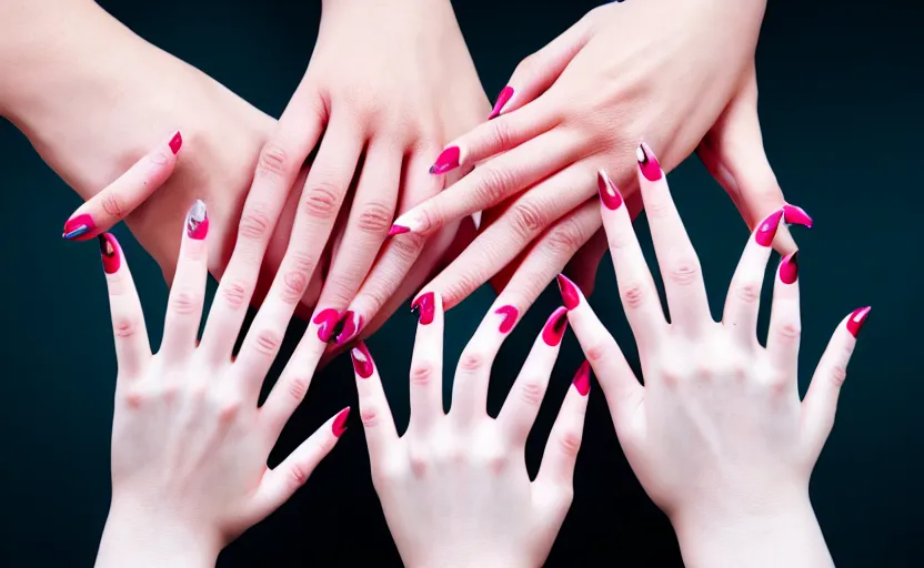 Image similar to photograph of hands lots of hands, female hands, painted nails, creepy, one point perspective, 1-point perspective, tilt shift, sigma 85mm f/1.4, 4k, depth of field, high resolution, 4k, 8k, hd, full color