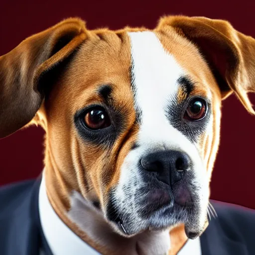 Image similar to high detail shot of a dog wearing a suit, realism 8k