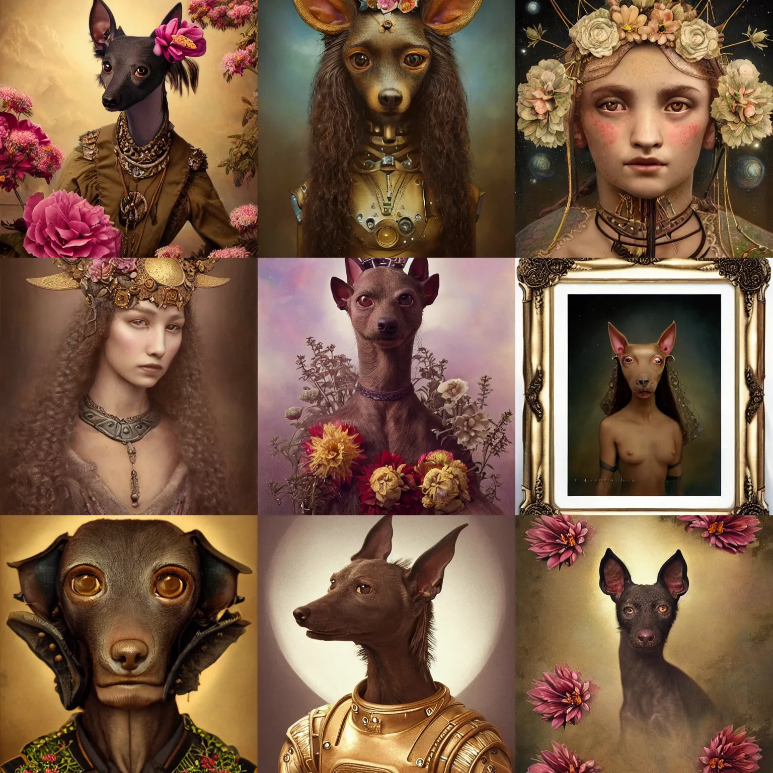 Prompt: a beautiful ultradetailed vintage photo of an xoloitzcuintli, by tom bagshaw and anna dittman, portrait, vignette, 8 5 mm lens, golden ratio composition, detailed faces, studio photography, very detailed, robot dogs overgrown with flowers, artstation, 8 k, highly coherent