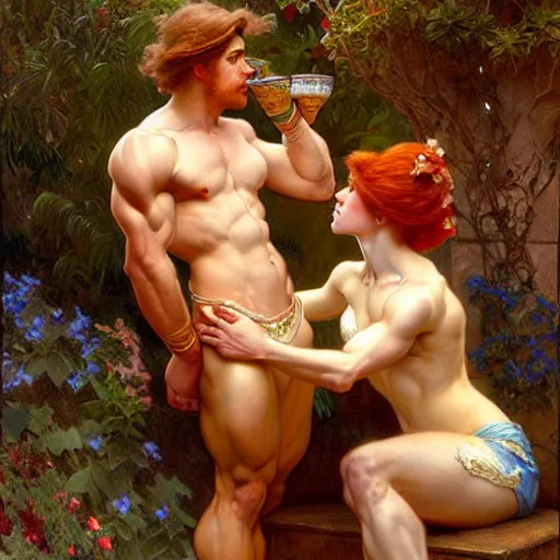 Prompt: attractive muscular mike with ginger hair and muscular attractive ty with brunet hair, drinking their hearts out, in their noble house. highly detailed painting by gaston bussiere, craig mullins, j. c. leyendecker, alphonse mucha 8 k