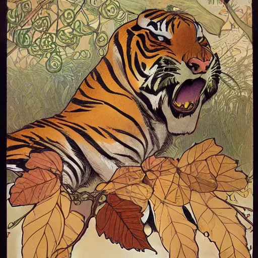 Image similar to a highly detailed cartoon tiger is flapping a leaf fan, sweating, autumn leaves on the ground, concise lines, ultradetailed environment, sharp focus, cinematic lighting, by alphonse maria mucha and kim jung gi