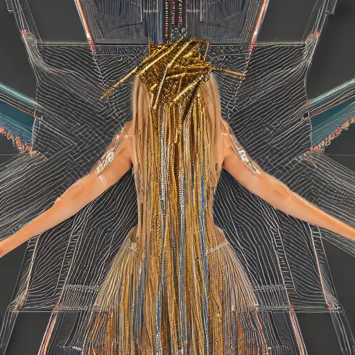 Image similar to tapping in to something greater, piles of modular synth cables, goddess laying down wearing a big headpiece made of circuit boards in a photo shoot for balenziaga, wlop, stanley kubrick, masamune, unique perspective, eastman color, perfect details, trending on artstation, 3 d render, smooth render, wlop