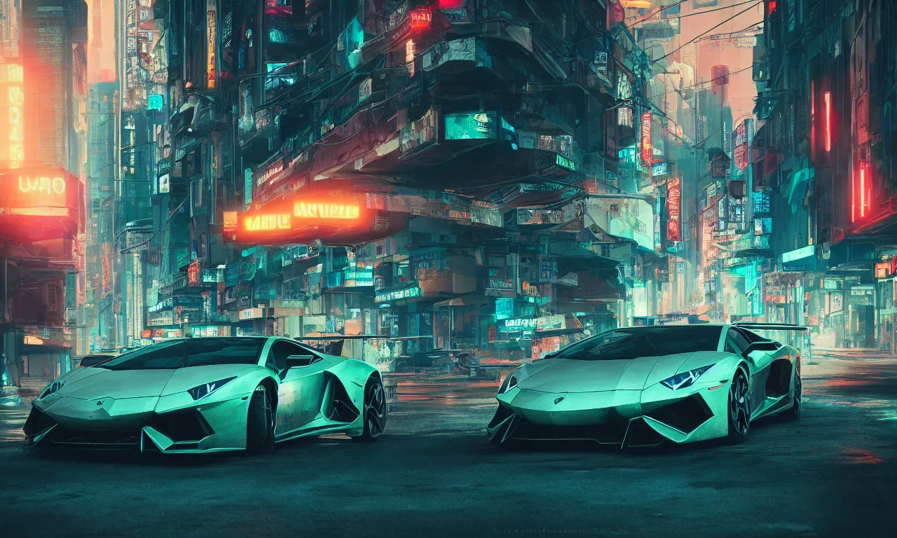 Image similar to insanely moody cinematic render of a lamborghini on cyberpunk city, teal and orange colors, vaporwave, photorealism, cinema still, photography, octane 3 d, vray render, insane details, 8 k high definition, artstation