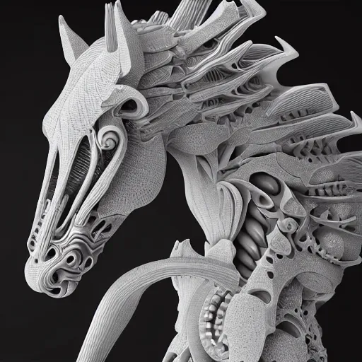 Image similar to biomechanical horse made of marble, fractal 3 d structure, intricate details, octane render