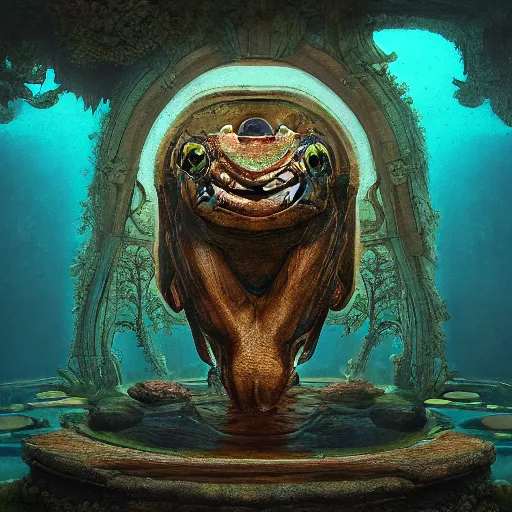 Image similar to beautiful symmetrical an old silent pond frog jumps into the pond splash! silence again, surrounded by machine axonometric fantasy intricate elegant highly detailed in volumetric void of latent space lush flowers surround, realm of the gods golden turquoise steampunk, high contrast cinematic light, mystical shadows, octane render, photographic, concept art, art high renaissance art, unreal engine 8 k