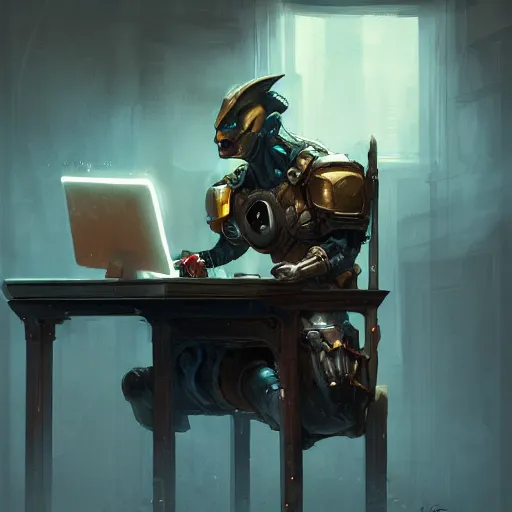 Image similar to a insanely detailed painting of a nft superhero wearing a costume, sitting at a computer desk, nervously and clicking on the mouse, in the style of peter mohrbacher, dramatic lighting and composition, trending on artstation, concept art, comic book