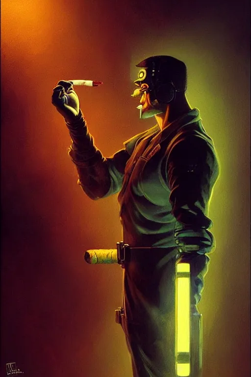 Prompt: An android lighting a single cigar in a cyberpunk setting, by Frank Frazetta, dramatic lighting, high contrast colours, as trending on Artstation, highly detailed,