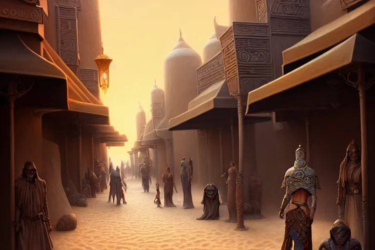 Prompt: a highly detailed bazaar street in the dune city of tyr from the land of athas, amazing dark sun digital painting, by gerald brom, brom digital art, intricate details, ultra realistic, beautiful art, volumetric lighting, stylized cell shading, warm colors advance cool colors recede, by brom, trending cgsociety, artstation, rim lighting, 8 k