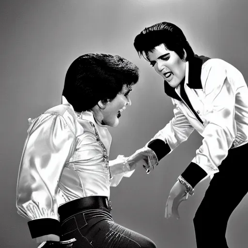 Prompt: elvis presley and michael jackson dancing, award winning photography, high detail, 4 k