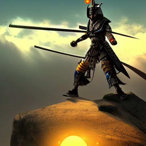 Image similar to a futuristic samurai warrior standing edge of the cliff, sun in the background, epic concept art, bold, sharp, beautiful, trending on artstation