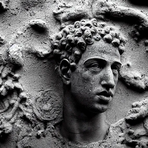 Image similar to Award-winning photograph by Paul Strand. The photo depicts a decaying roman bust of Mark Zuckerberg overgrown with moss at the bottom of the sea in the middle of ruins of civilization. Ruins. Minimalism, high definition, perfect composition. Deep sea picture. Very dark. Volumetric Lighting. Fish. Darkness. Ruins