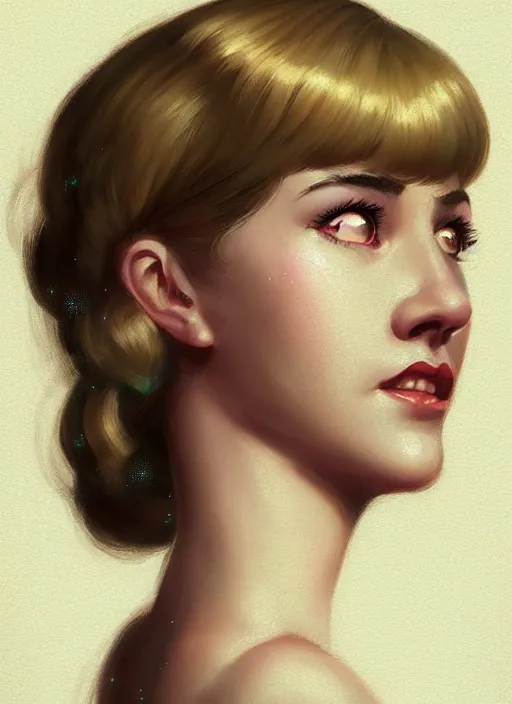 Image similar to portrait of betty cooper with fluffy bangs, bangs, 1 9 6 0 s, ponytail, curly bangs and ponytail, rounder face, intricate, elegant, glowing lights, highly detailed, digital painting, artstation, concept art, smooth, sharp focus, illustration, art by wlop, mars ravelo and greg rutkowski