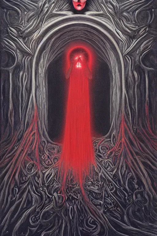 Prompt: mysterious occult woman, shrouded in black and red, hovering over the ground in front of a portal opening up into the depth of a new realm, epic surrealism 8k oil painting, high definition, post modernist layering, by Ernst Fuchs, John Howe
