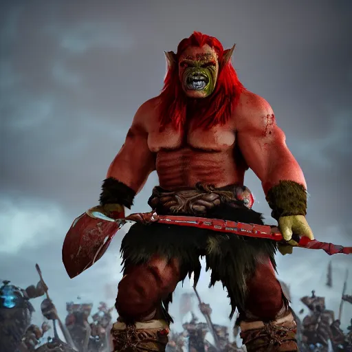 Image similar to beautiful redhead orc with warrior outfit, clash royal style characters, unreal engine 5, octane render, detailed, cinematografic, cinema 4 d