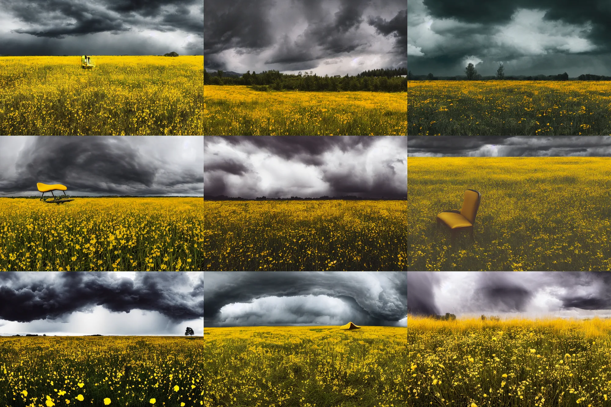 Prompt: 50mm DSLR photograph of a very moody flower meadow with moody storm clouds yellow boutique chair in the center, photography, panoramic view, Hyperdetailed, photorealistic, Unsplash