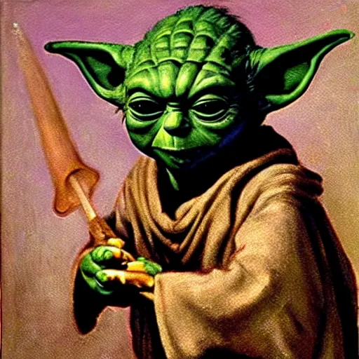 Image similar to yoda as a knight oil on canvas, 1883