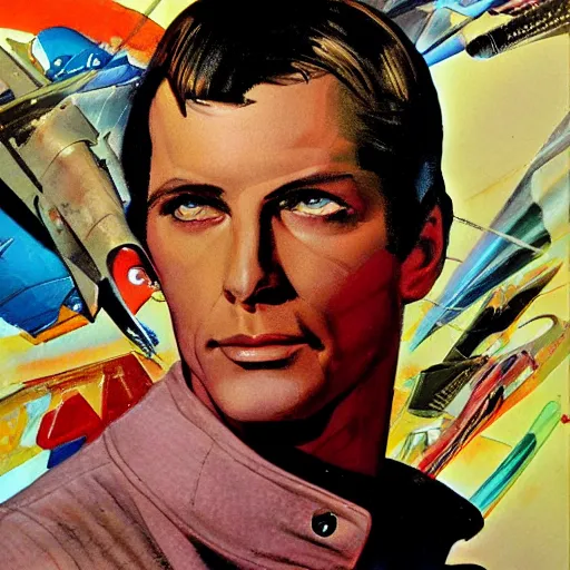 Image similar to photorealistic picture, by bob peak and alex ross, random scifi cover comic book, gouache and wash paints, fine details, fine intricate, fine facial proportionate, fine body proportionate, fine fix broken line, fine fix duplicate line, smooth focus, sharp focus