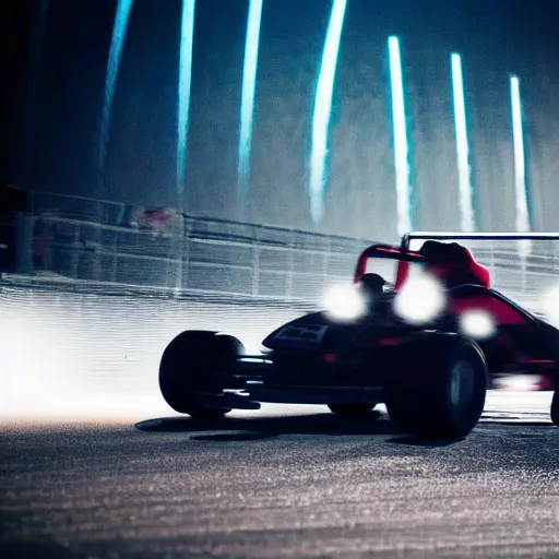 Image similar to go - kart racer taking a corner at speed on a race track, motion blur lights, laser, smoke, debris, fast movement, artistic angle shot, light streaks, dark mood, night time