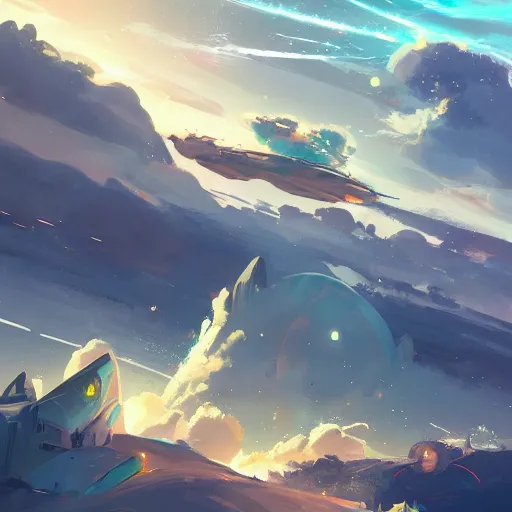 Image similar to a spaceship crashed into a foreign planet, lush. The spaceship is buried in the ground. beautiful white clouds. in the style of digital art, artstation trending, rossdraws, breath of the wild