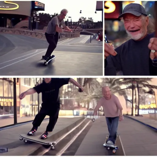 Image similar to kenny g and patrick stewart skateboarding at dave & busters, epic, cinematic, realism, ultra detailed, 8 k