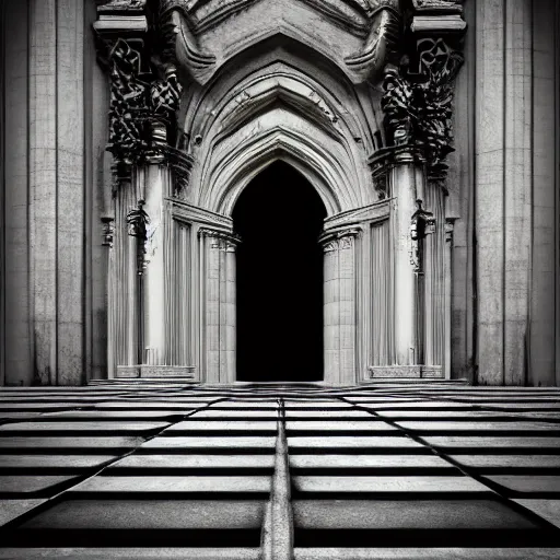 Image similar to architectural shot, no decaying lines, white marble gothic cathedral, alabaster skin, gothic girl dressed in black with macro head face