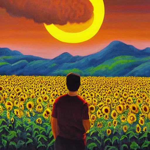 Image similar to painting of a man looking out into a sunset behind hills, bees around him, clouds everywhere in a sunflower field