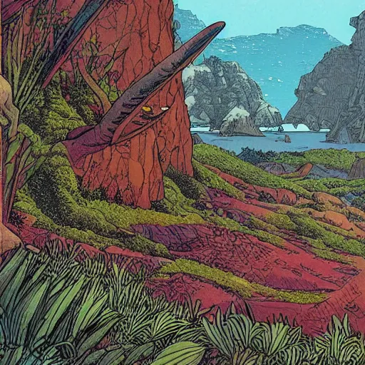 Image similar to illustration of a lush natural scene on an alien planet by moebius. detailed. beautiful landscape. colourful weird vegetation. cliffs and water.