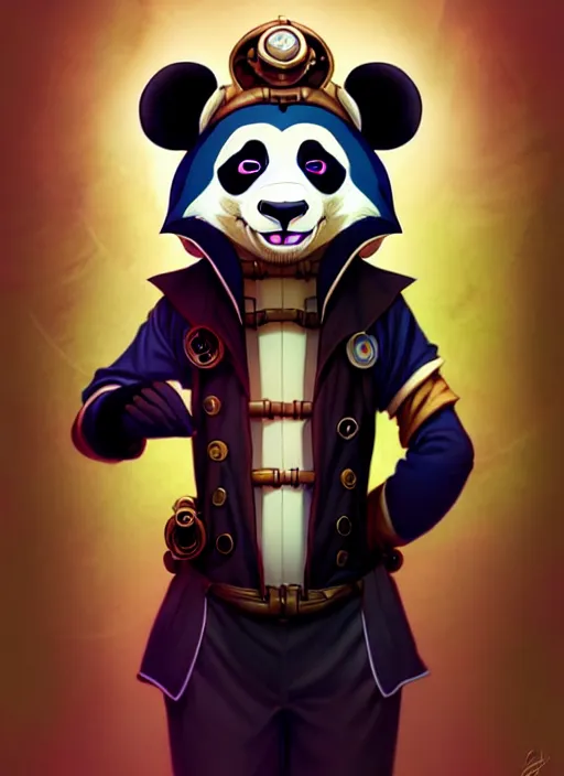 Image similar to don bluth, loish, artgerm, joshua middleton, steampunk, clockpunk anthropomorphic panda, full sailor suit, symmetrical eyes symmetrical face, colorful animation forest background