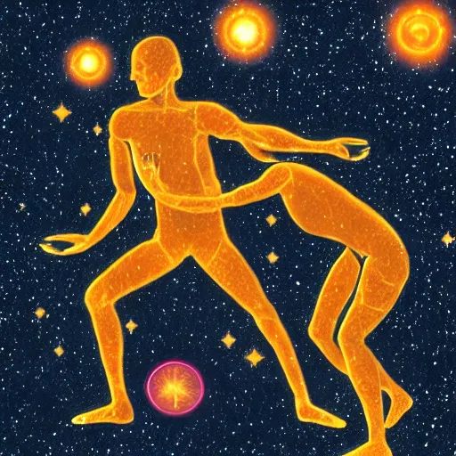 Image similar to the glowing human forms of pancha bhutas wielding their respective elements against a starry galaxy, with a small human silhouette prostrating in front of them