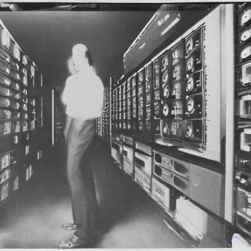 Prompt: grainy underexposed photo of Marcel Duchamp in a huge minimal machine room full of ancient computers, tri-x, Rinko Kawauchi, archival pigment print, occult dream, contemporary art