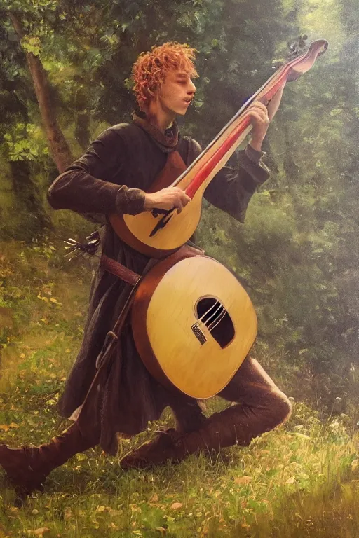 Prompt: kvothe playing his lute in the middle of a forest, oil on canvas, trending on artstation