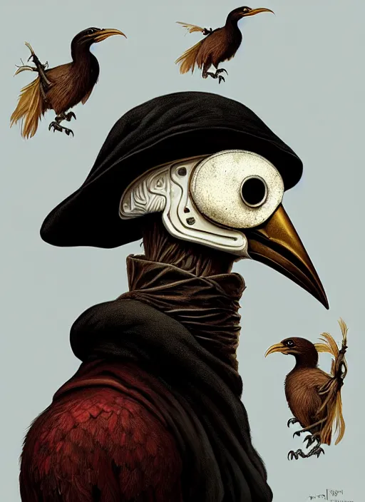 Prompt: rpg! profile! portrait of humanoid bird on white background, fungus mutant, beak, feathers, plague doctor, beautiful clothes, intricate, highly detailed, digital painting, artstation, concept art, smooth, sharp focus, illustration, art by norman rockwell emiliano ponzi andrey remnev yoann lossel aaron jasinski, 8 k