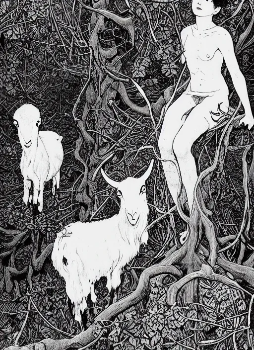 Image similar to boy and girl and a goat in a deep bloody thorns bones forest, by Vania Zouravliov and Takato Yamamoto, high resolution