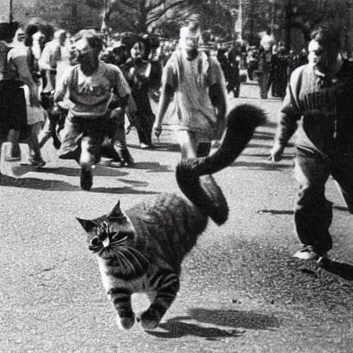 Prompt: old photo of a giant cat chasing people