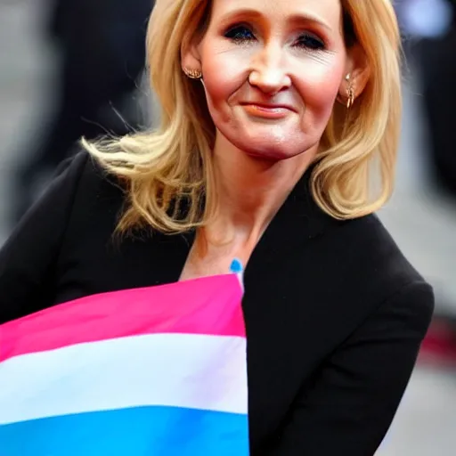 Prompt: JK rowling holding a trans flag