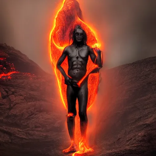 Image similar to Full body photo of asmodeus, he has eyes of fire, he is looking straight to the camera, he has a glow coming from him, she is getting illuminated by lava, behind is an ancient hellscape, the photo was taking by Annie Leibovitz, matte painting, oil painting, naturalism, 4k, 8k