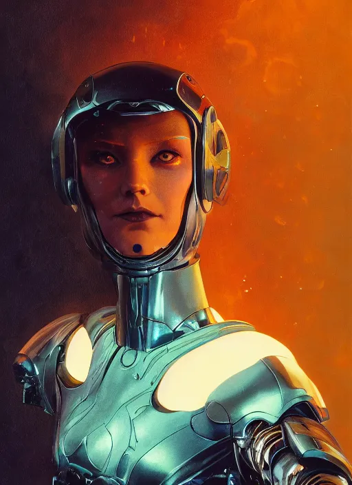 Image similar to ( ( symmetry ) ) closeup portrait of a stunning cyborg girl ( ( ( crying in tears ) ) ), armor set, strong cinematic light, backlit, teal orange, viscous volumetric smoke, mist, by gerald brom, by mikhail vrubel, by peter elson, muted colors, extreme detail, trending on artstation, 8 k