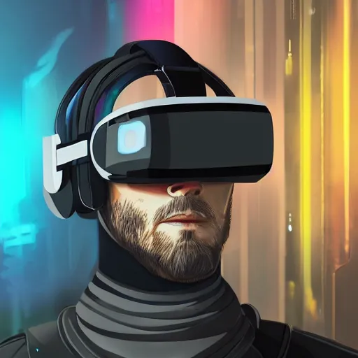 Image similar to cyberpunk bot wearing vr headset, sci - fi, portrait, illustration