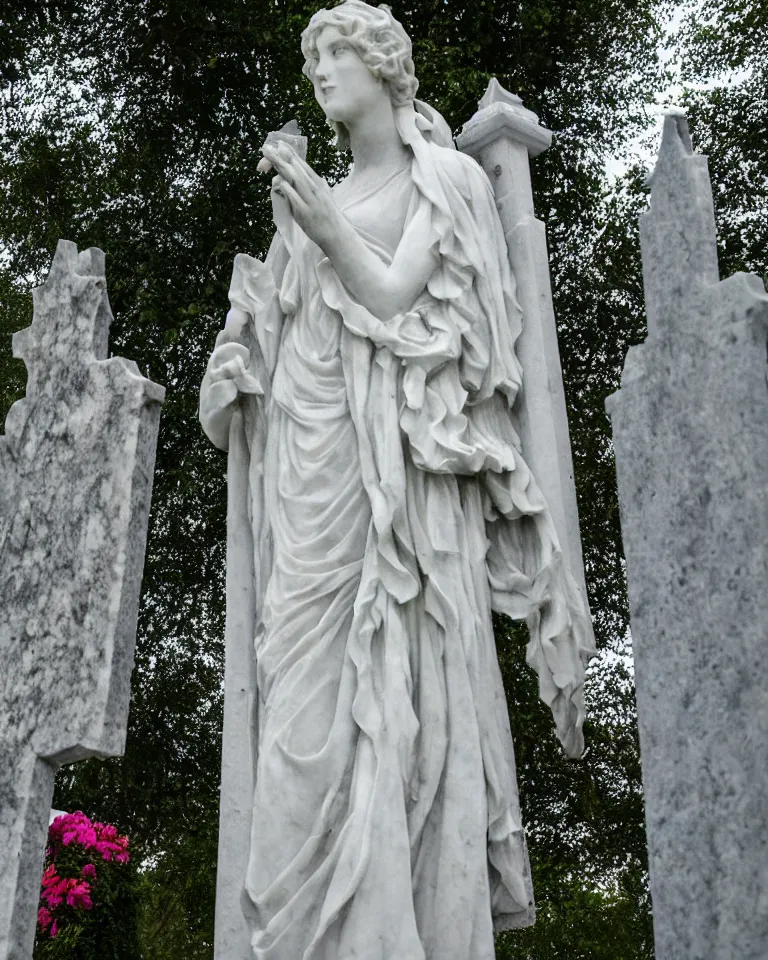 Image similar to an idealistic marble gothic cemetery statue, made of flowers, made of mist, full frame