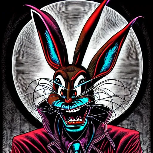 Prompt: demonic bugs bunny, epic, creepy, scary, moody, highly detailed, gorgeous, stunning, full colour digital art by Todd McFarlane