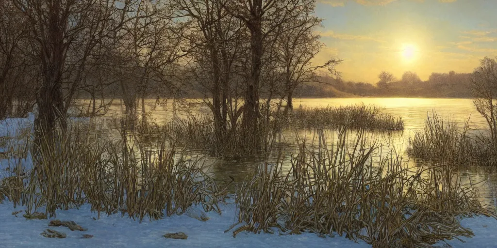 Prompt: a beautiful lake landscape in winter, romantic ambiente, no people, reed on riverbank, no mountains, clear sky, sunshine, winter colors, by Mohrbacher and Moebius and Alphonse Mucha and Roger Deakins, cinematic lighting, masterpiece, highly detailed, 8k resolution, trending on art station