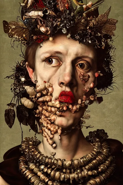 Prompt: Detailed maximalist portrait with large lips and with large white eyes, sad, exasperated expression, HD mixed media, 3D collage, highly detailed and intricate illustration in the style of Caravaggio, dark art, baroque