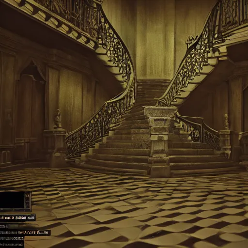 Image similar to inside a haunted mansion, large staircase, dark shadows, moonlight, realistic, unreal engine
