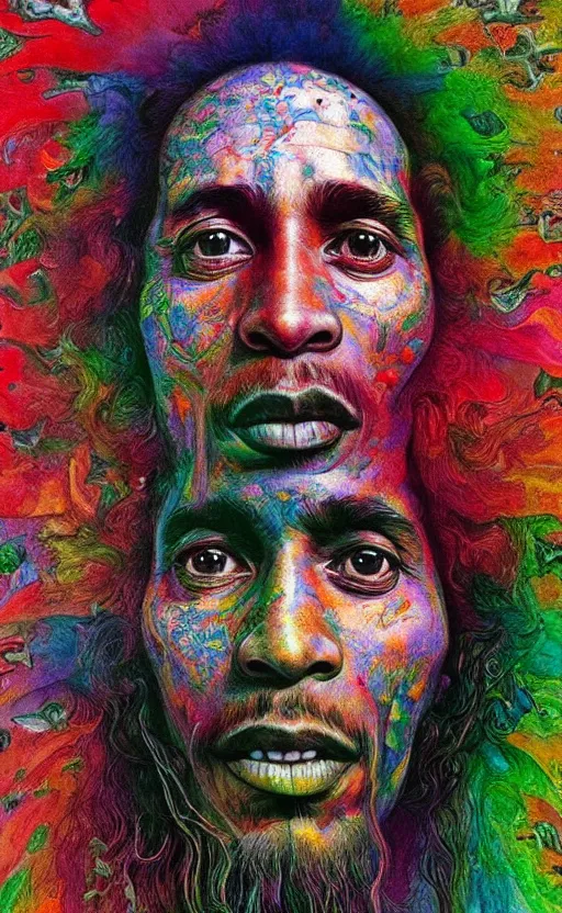 Prompt: colour masterpiece surreal closeup portrait photography of bob marley by miho hirano and annie leibovitz and michael cheval, weird surreal epic psychedelic complex biomorphic 3 d fractal landscape in background by kilian eng and roger dean and salvador dali and beksinski, 8 k